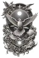 Sun shining over dove with clouds around it luminous points and 5 names throughout the clouds tattoo design idea