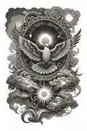 Sun shining over dove with clouds around it luminous points and 5 names throughout the clouds tattoo design idea