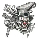 A gangster clown inspired by 'IT' with a gun, in a black-grey style tattoo design idea