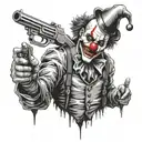 A gangster clown inspired by 'IT' with a gun, in a black-grey style tattoo design idea