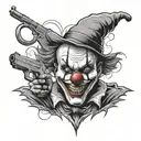 A gangster clown inspired by 'IT' with a gun, in a black-grey style tattoo design idea