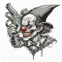A gangster clown inspired by 'IT' with a gun, in a black-grey style tattoo design idea