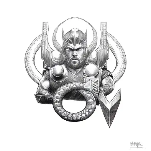 Thor The thundergod killing The world serpent, done as a skrevet from The elbow to The hands tattoo design idea