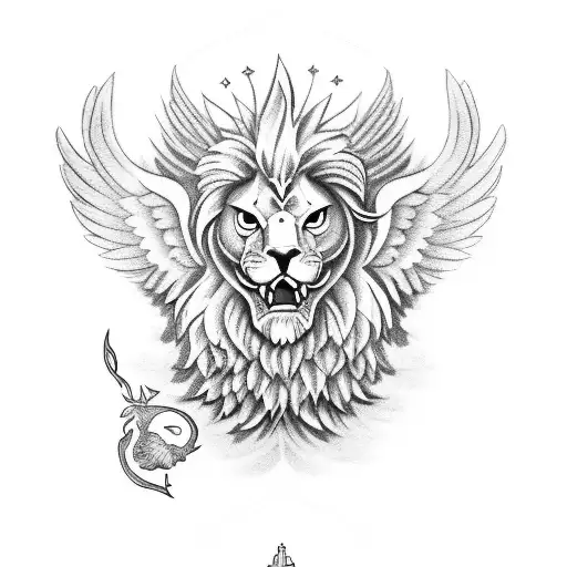 guardian angel with phoenix on arm and lion  tattoo design idea