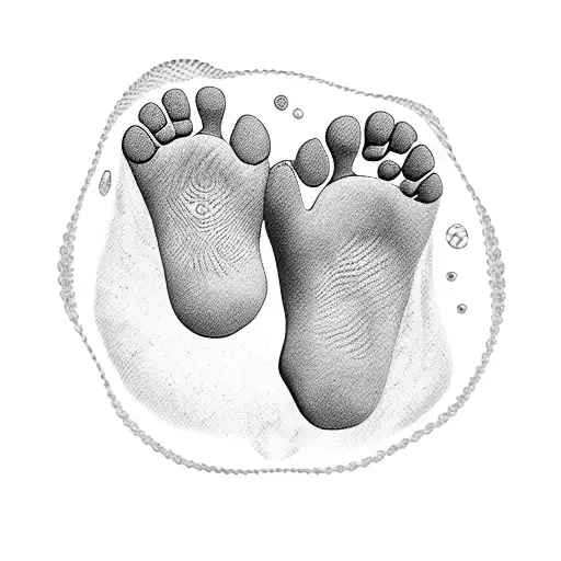 Fingerprint of a baby's feet that has circles containing a date of January 13, 2023 and a name that is "Stefania Alai Pa tattoo design idea