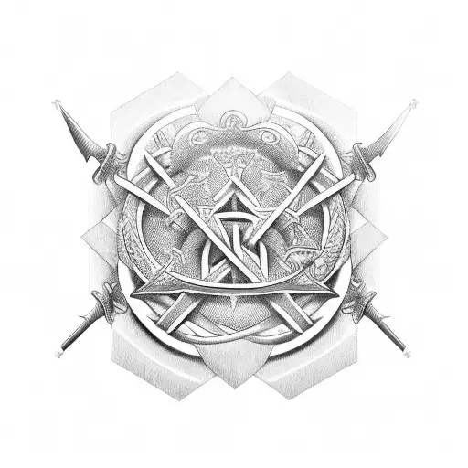 Tattoo design of three swords crossing through a large belt buckle with the inscription "Timor Omnis Abesto" engraved  tattoo design idea