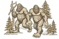 2 sasquatch, one big one and one small one on the big one's shoulders, and they are waking into a forest tattoo design idea