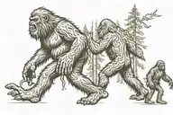 2 sasquatch, one big one and one small one on the big one's shoulders, and they are waking into a forest tattoo design idea
