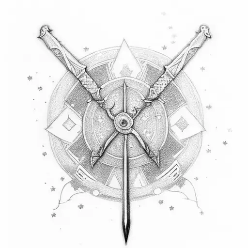 I want a sword as the central element surrounded with celestial like elements (like stars or sparkles idk) creating a ty tattoo design idea