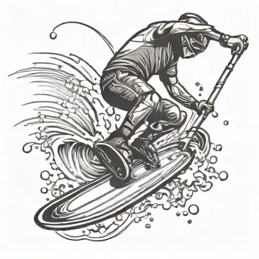 a wakeboarder doing a tantrum over a kicker at a cable park  tattoo design idea