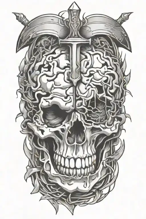 brain made of broken glass with a dagger through it tattoo design idea