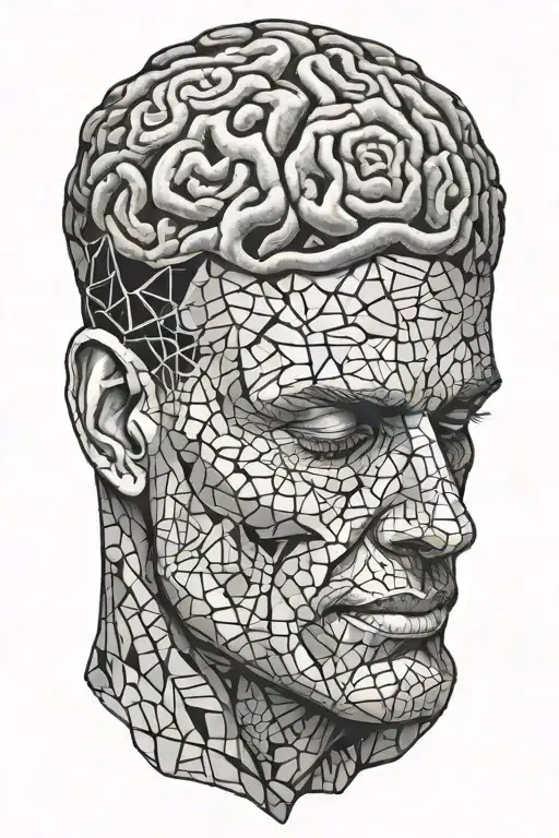 mans head made of stone with a brain made of broken glass tattoo design idea