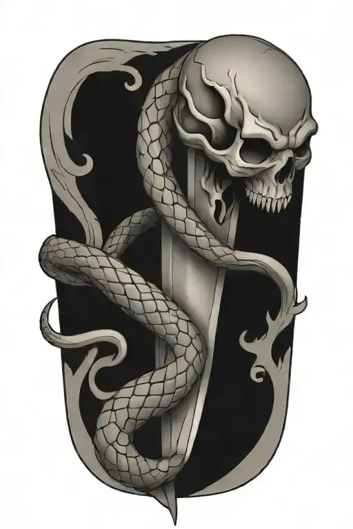 the skelaton of a snake wrapping around a dagger tattoo design idea