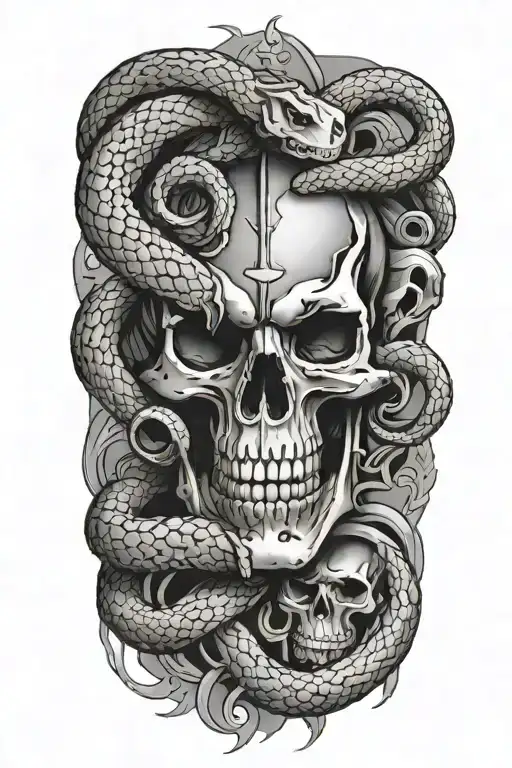 the skelaton of a snake wrapping around a dagger tattoo design idea