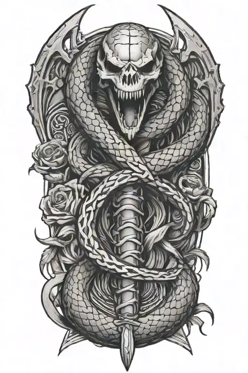 the skelaton of a snake wrapping around a dagger tattoo design idea