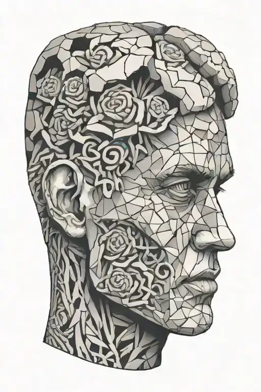 mans head made of stone with a brain made of broken glass tattoo design idea