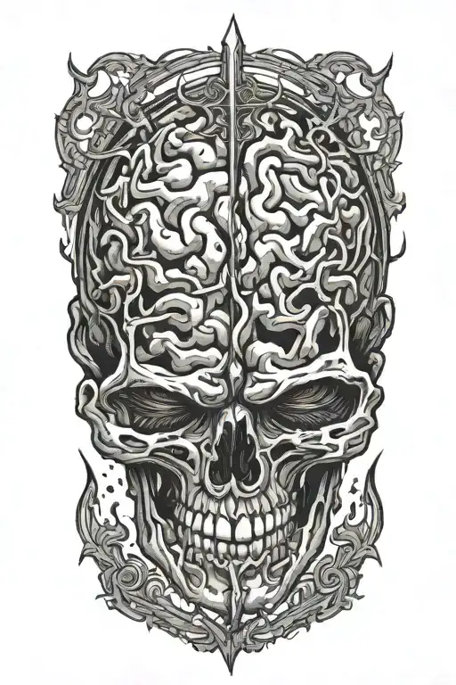brain made of broken glass with a dagger through it tattoo design idea