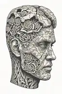mans head made of stone with a brain made of broken glass tattoo design idea