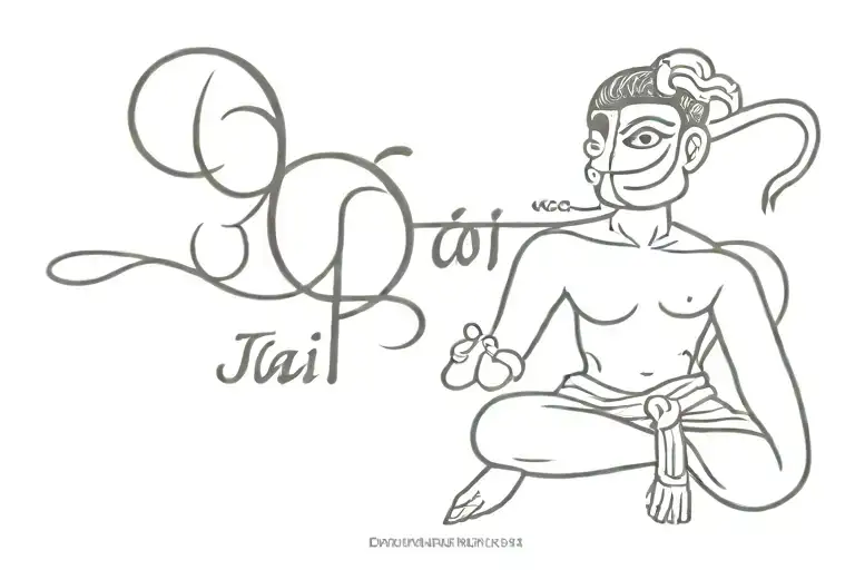 'Jai Hanuman' in small font with a dhanush  tattoo design idea