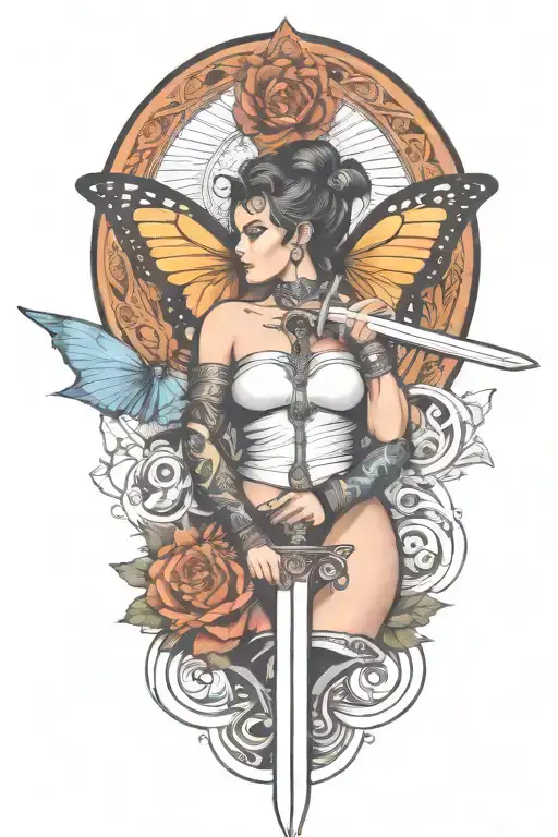 butterfly and sword and woman body and snake wrapped tattoo design idea