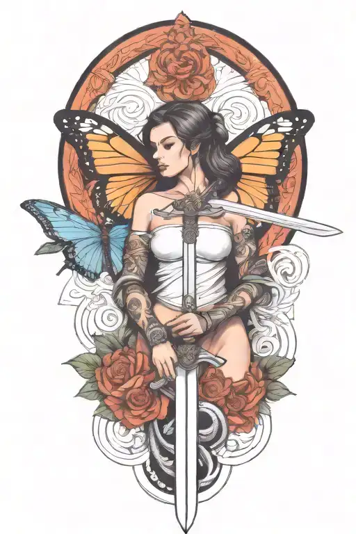 butterfly and sword and woman body and snake wrapped tattoo design idea