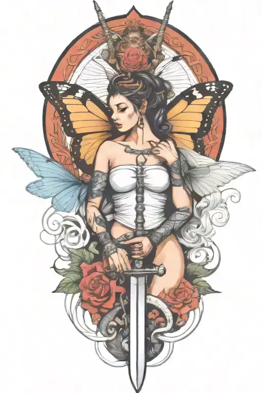 butterfly and sword and woman body and snake wrapped tattoo design idea