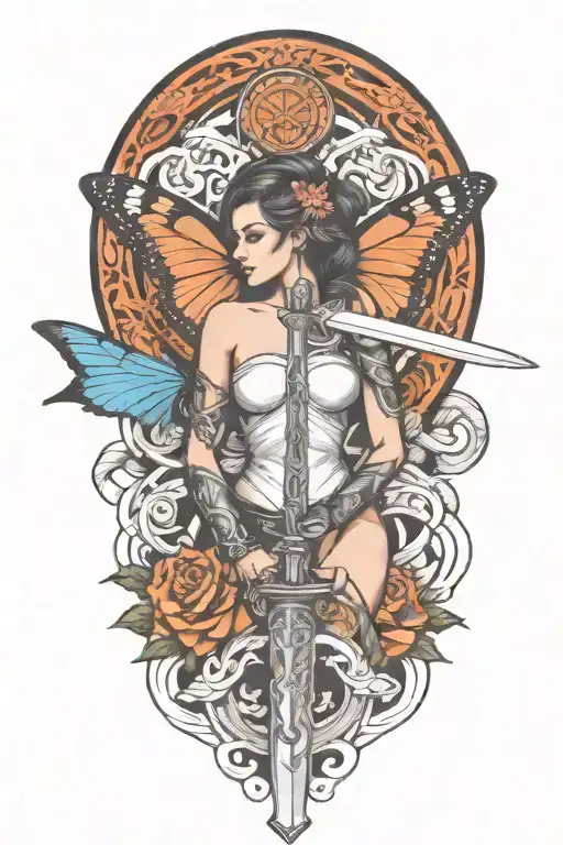 butterfly and sword and woman body and snake wrapped tattoo design idea