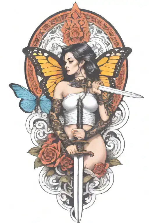 butterfly and sword and woman body and snake wrapped tattoo design idea
