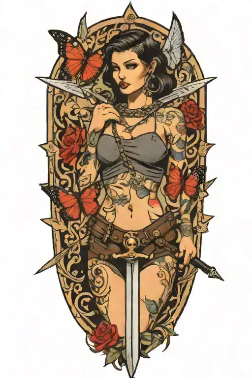 woman body holding chain collar and sword and butterfly tattoo design idea