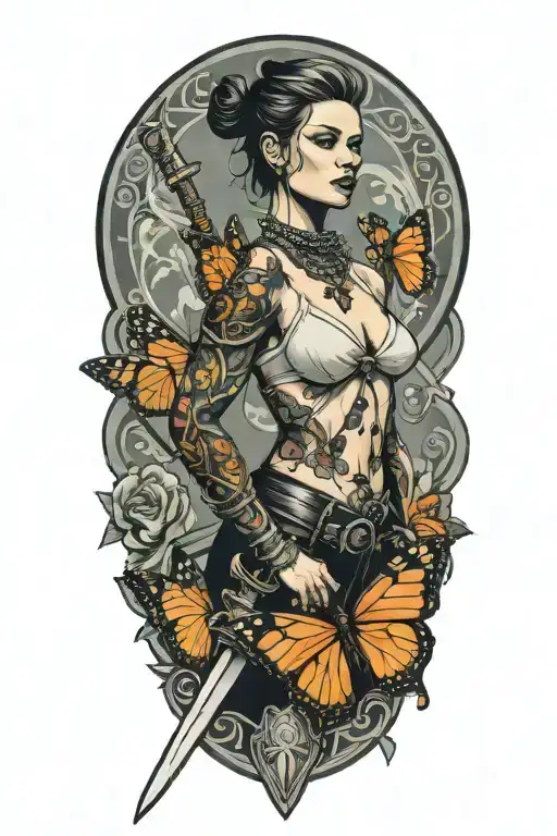 woman body holding chain collar and sword and butterfly tattoo design idea