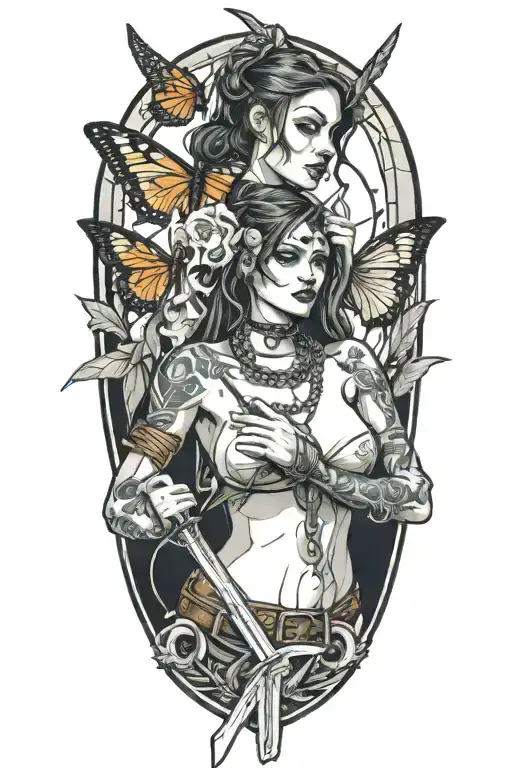 woman body holding chain collar and sword and butterfly tattoo design idea