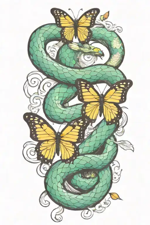 butterfly and snake wrapping tattoo design idea