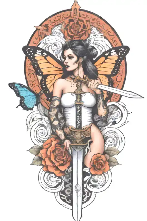 butterfly and sword and woman body and snake wrapped tattoo design idea