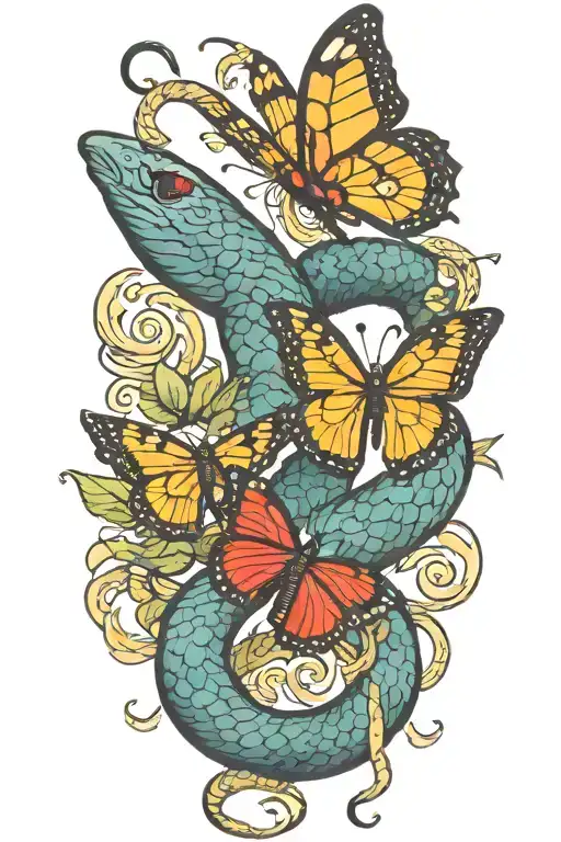 snake wrapped and butterfly flying together tattoo design idea