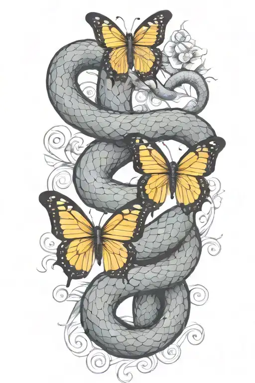 snake wrapped and butterfly flying tattoo design idea
