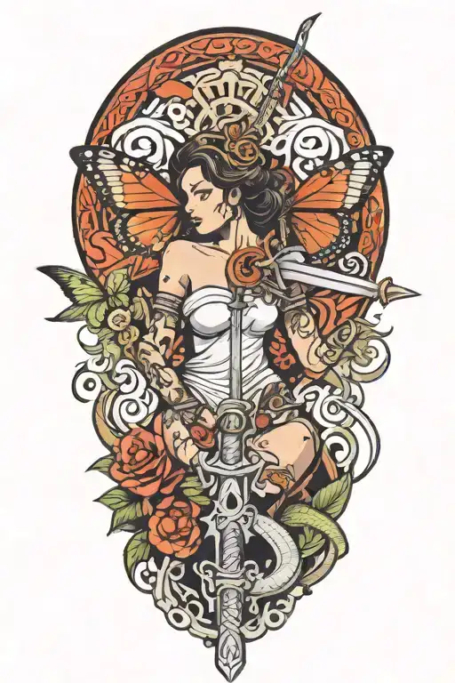 butterfly and sword and woman body and snake wrapped tattoo design idea