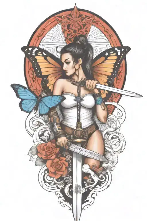 butterfly and sword and woman body and snake wrapped tattoo design idea
