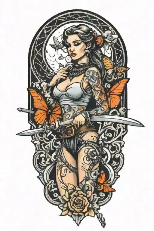 woman body holding chain collar and sword and butterfly tattoo design idea