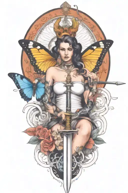 butterfly and sword and woman body and snake wrapped tattoo design idea