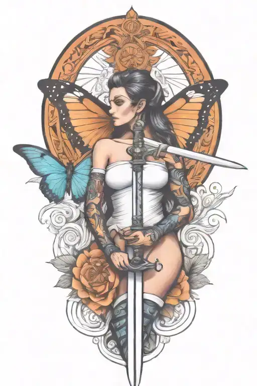 butterfly and sword and woman body tattoo design idea