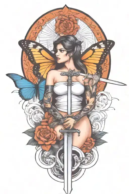 butterfly and sword and woman body and snake wrapped tattoo design idea