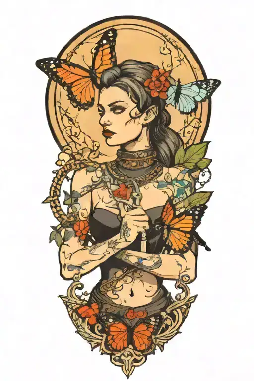 woman body with chain collar and sword and butterfly tattoo design idea