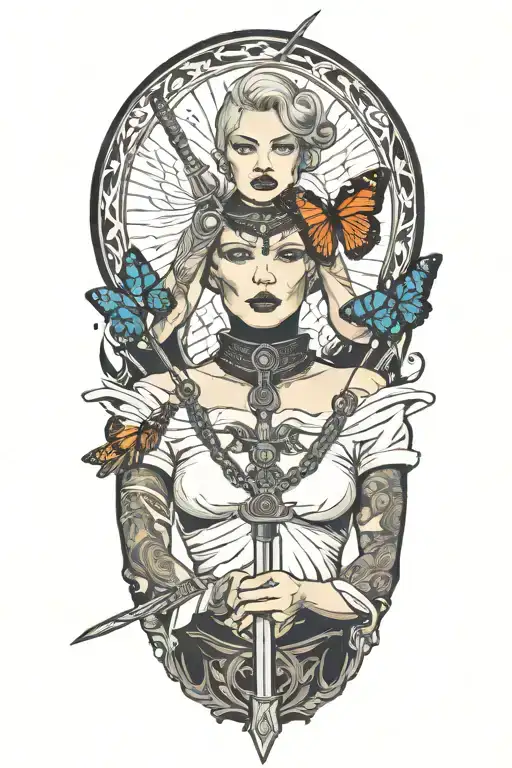 woman with chain collar and sword and butterfly tattoo design idea