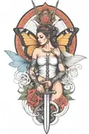 butterfly and sword and woman body and snake wrapped tattoo design idea