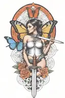 butterfly and sword and woman body and snake wrapped tattoo design idea
