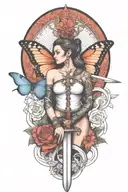 butterfly and sword and woman body and snake wrapped tattoo design idea