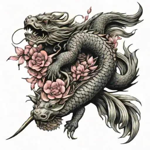japanese dragon mixed with cherry blossoms and koi fish. add peonies tattoo design idea