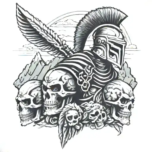 spartan warrior top of skulls, background mountains, tattoo design idea
