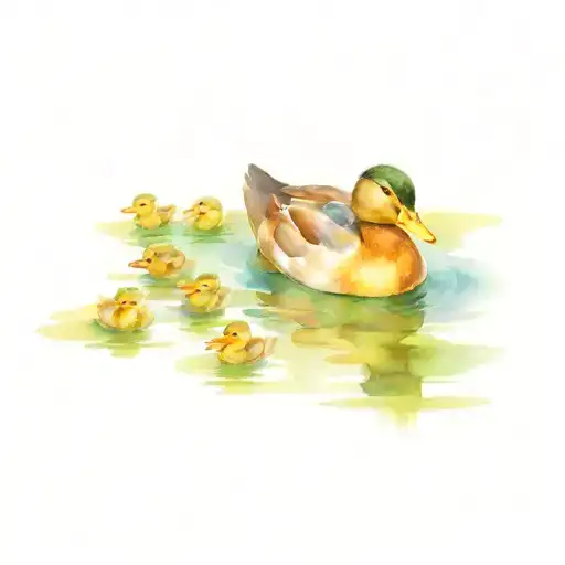 A mother duck leading her 7 ducklings through a serene pond tattoo design idea