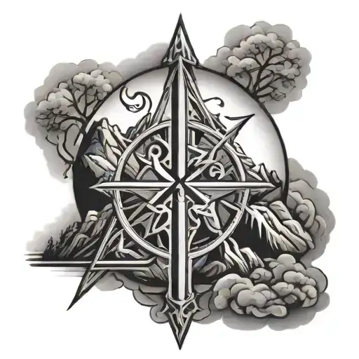 Combine the symbol of Chi Rho with a majestic mountain landscape tattoo design idea